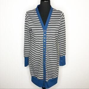 Hipster Row gray white striped blue trim snap front long cardigan size Medium
